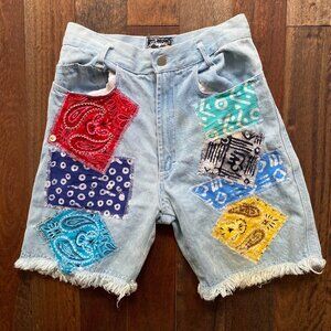 90s vintage colorful paisley patchwork high waist blue denim frayed jean shorts